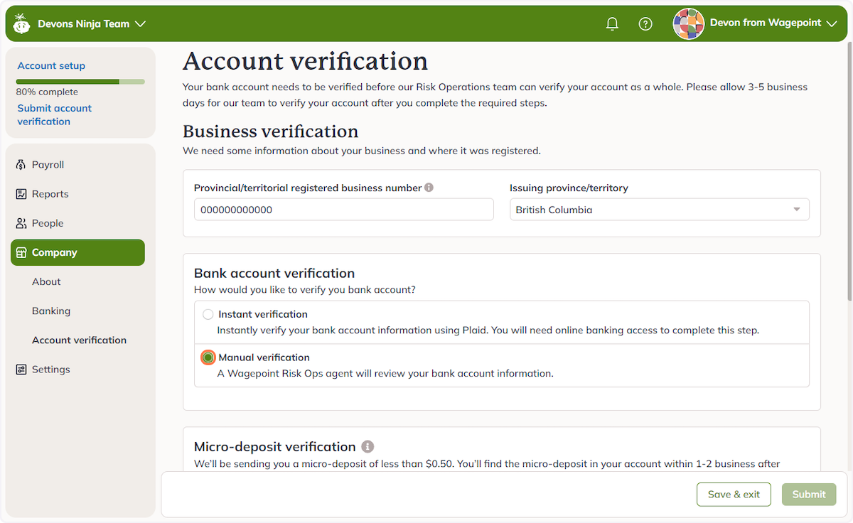 Complete account verification and account validation request ...
